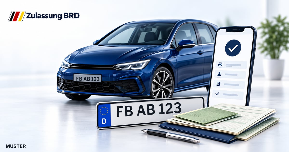 Online Fahrzeugzulassung in Niddatal: Musterkennzeichen FB AB 123, Auto und Fahrzeugpapiere und Smartphone. Illustration mit Logo von Zulassung BRD.